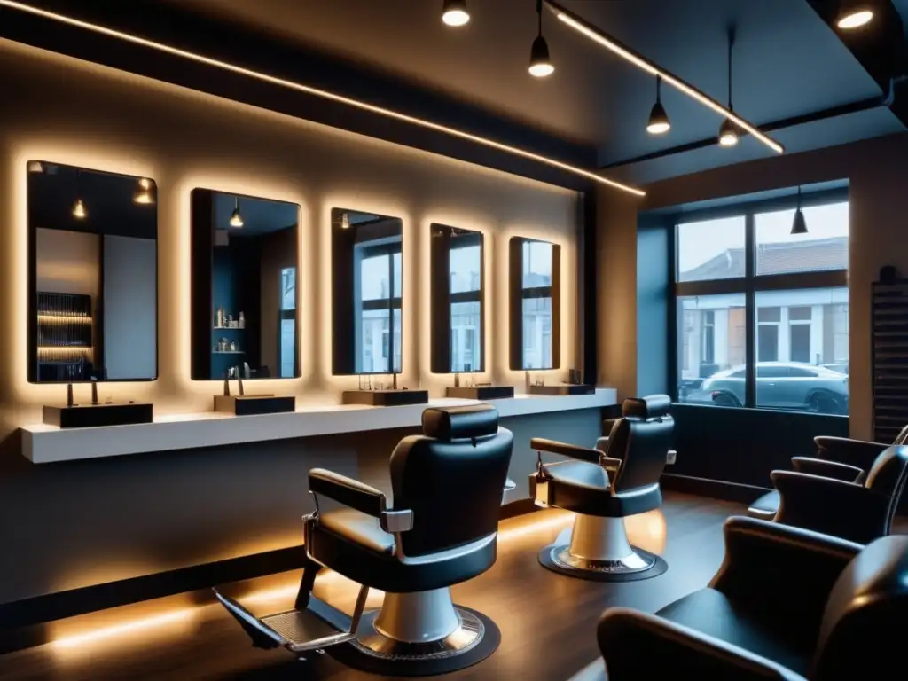 Barbería de lujo en Belgrado con elegantes sillas de cuero negro y decoración minimalista