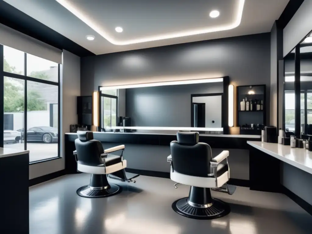 Interior elegante de barbería con diseño minimalista, líneas limpias y mobiliario de lujo