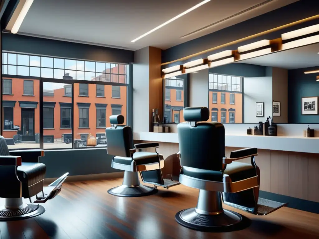 Tendencias en barbería después de la guerra: Barbería moderna y elegante con barberos expertos, clientes satisfechos y decoración minimalista