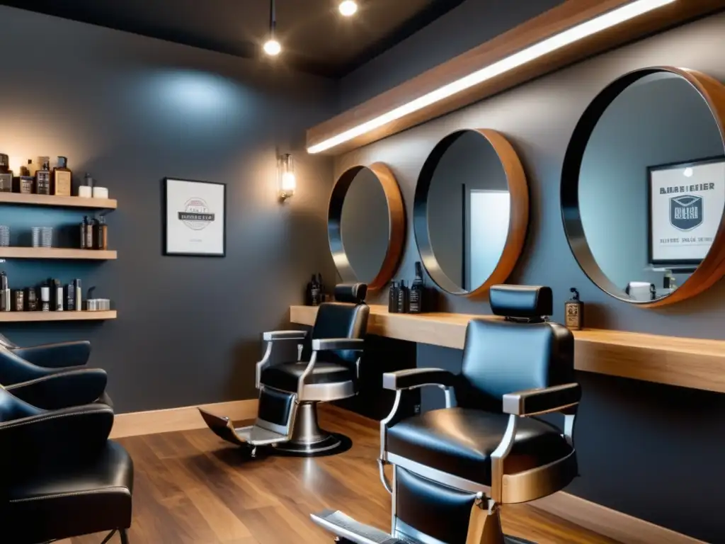 Auge de barbería: Interior de barbershop con sillas de cuero negro, madera contemporánea, espejos industriales y atención personalizada