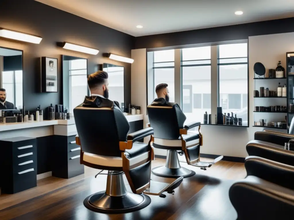 Barbería moderna con decoración en blanco y negro, sillas de cuero cómodas y productos de aseo en estantes