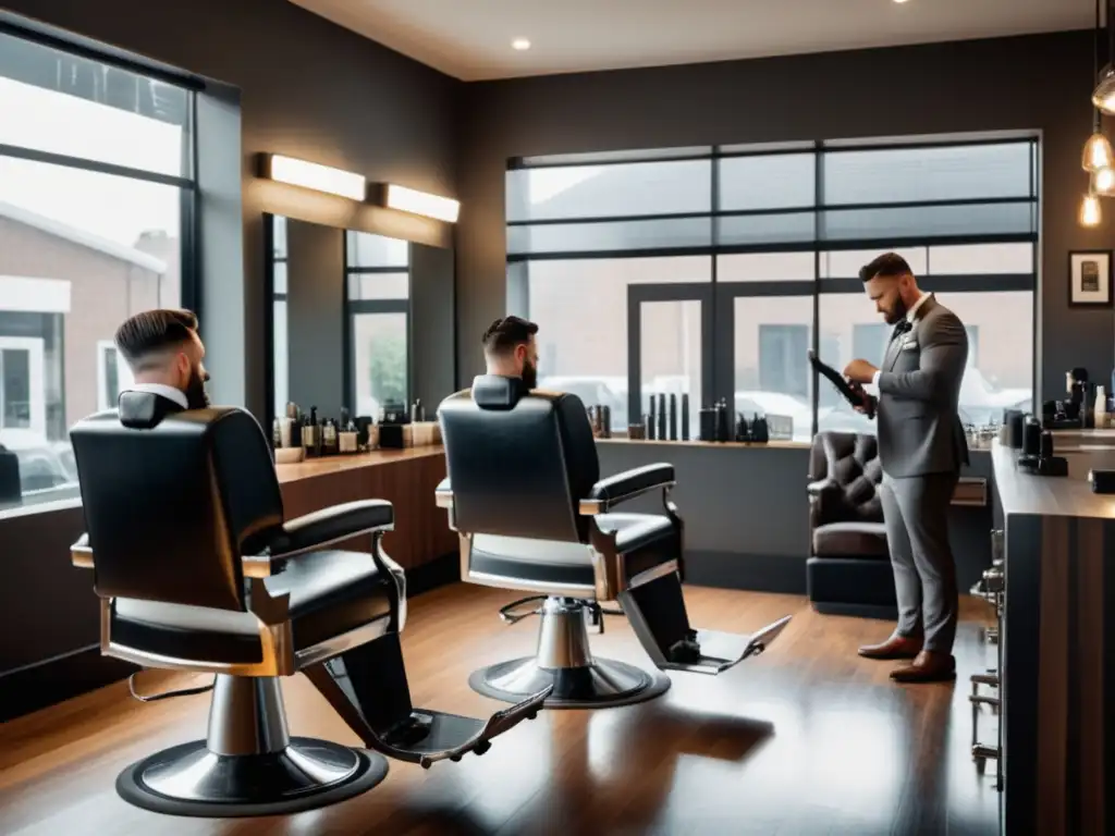 Barbería moderna con sillas de cuero negras y decoración minimalista