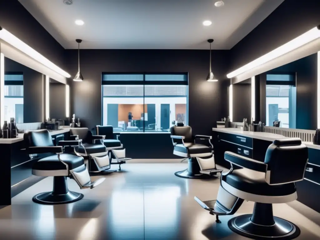 Tendencias en barbería masculina moderna: Barbería con diseño interior en blanco y negro, clientes elegantes y barberos expertos