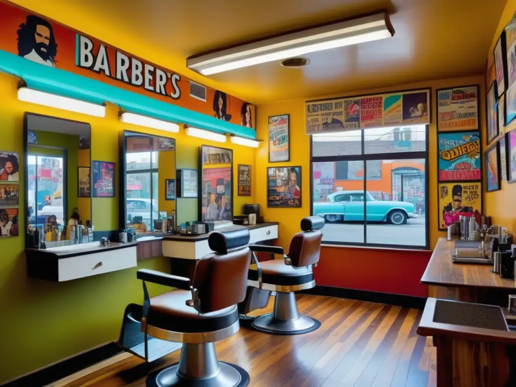 Influencia hippie en barbería: ambiente vibrante, arte retro y barberos estilizando cabello masculino