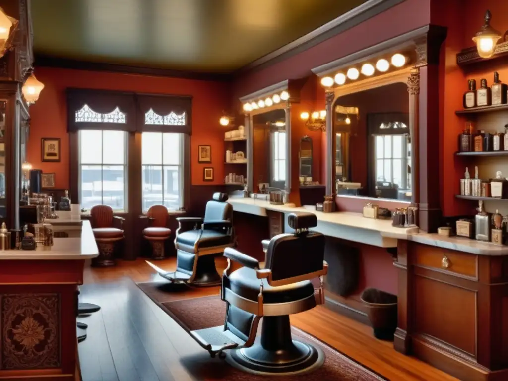 Barbería siglo XIX con decoración victoriana, mobiliario ornamental y productos de aseo clásicos