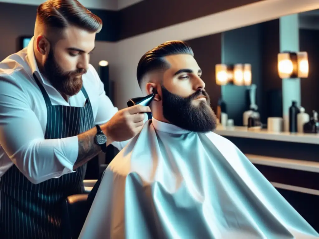 Hombre con barba en barbería moderna, aplicación profesional de productos para cuidado de barba