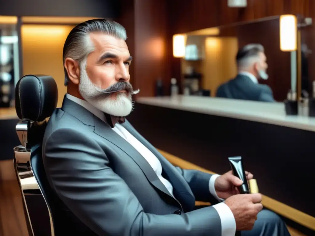 Cuidado de barbas y bigotes en la tercera edad: hombre elegante con barba y bigote bien cuidados, en una moderna barbería, sosteniendo producto de estilizado