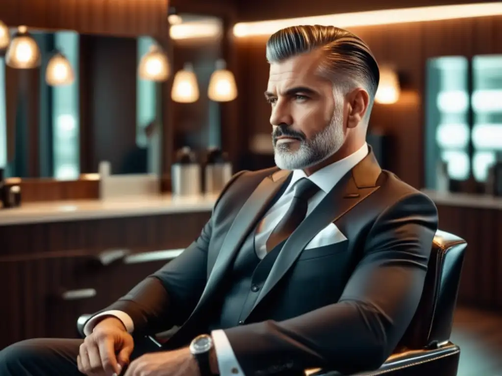 Hombre sofisticado en silla de barbero, corte clásico y ambiente elegante