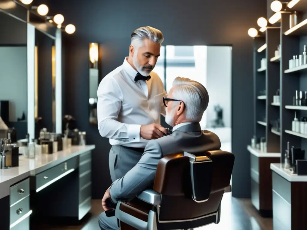 Hombre maduro en barbería con cuidados de belleza masculina en la tercera edad