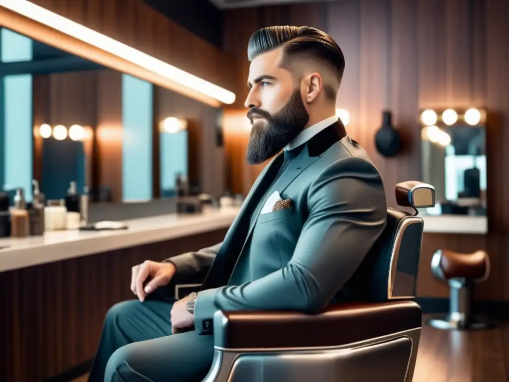 Cortes de cabello para hombres con barba: imagen de un hombre elegante en una silla de barbero moderna, con un corte clásico y una barba bien cuidada