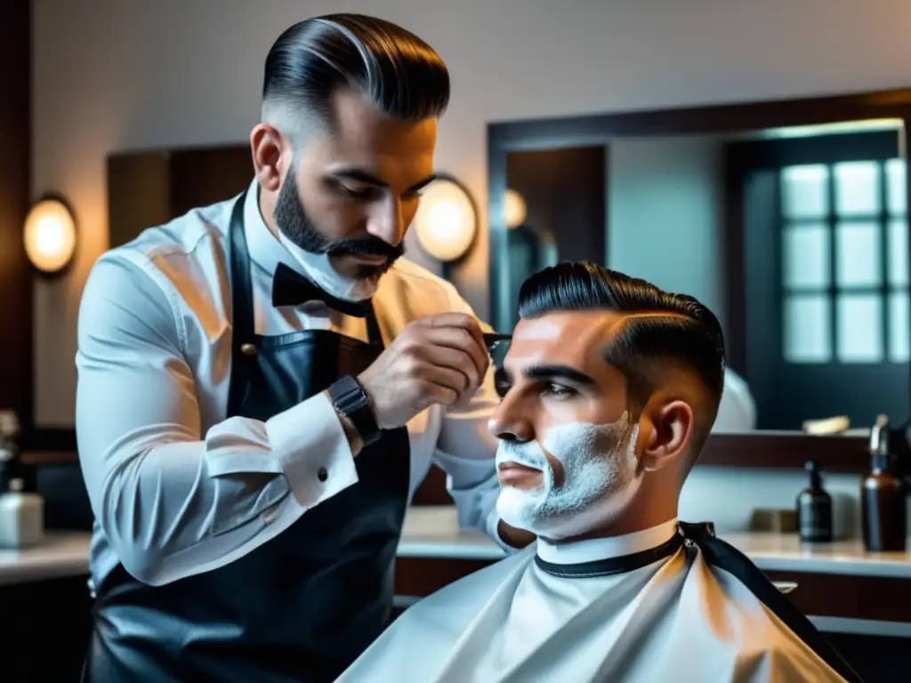 Barbero experto afeitando con precisión y arte