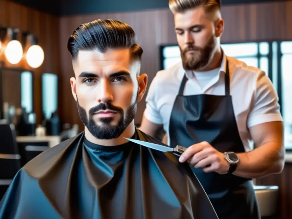 Hombre con rostro alargado en barbershop: corte de pelo equilibrado