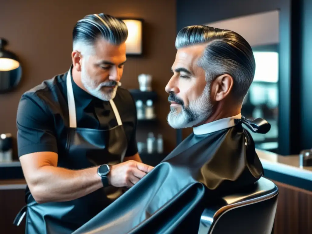 Hombre maduro en elegante barbería, corte de pelo refinado