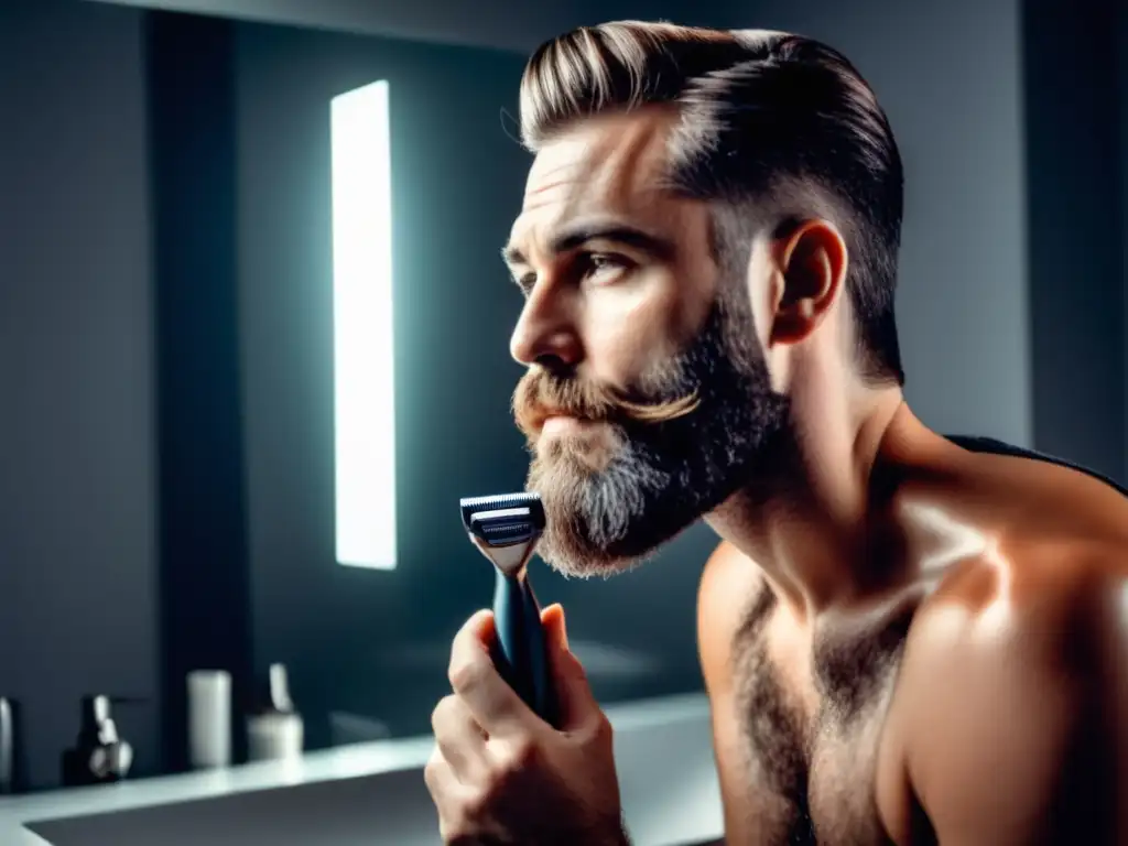 Hombre con barba y accesorios de afeitado, reflejado en espejo moderno