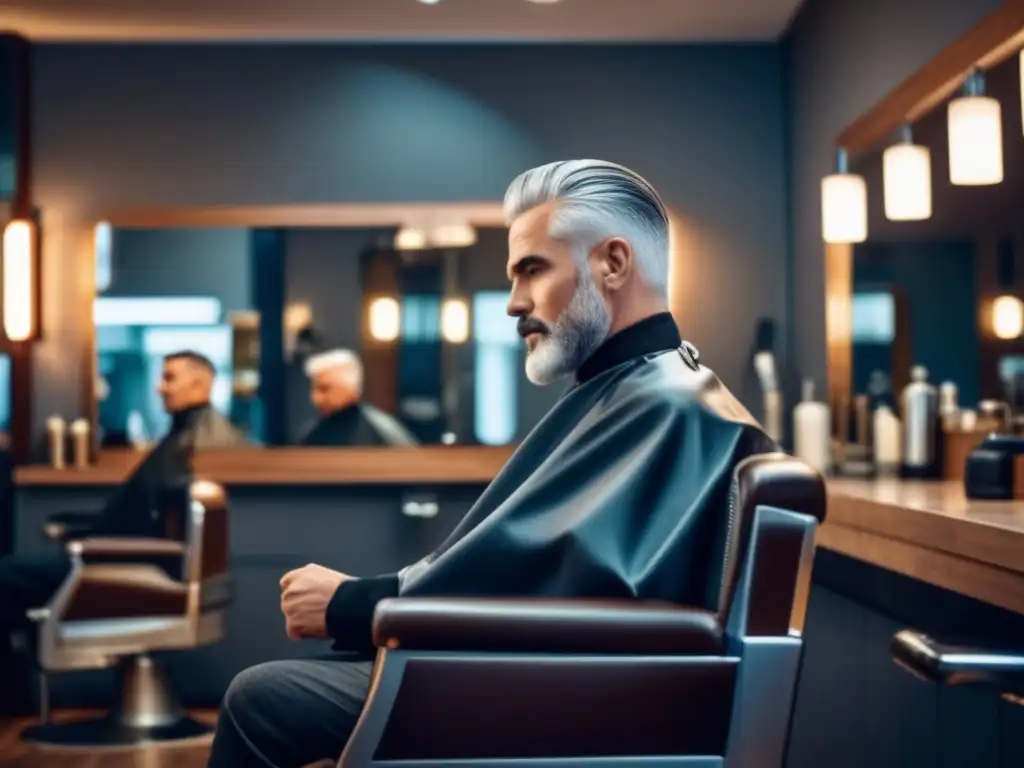 Hombre maduro con canas en elegante barbería: peinados hombres canas estilos