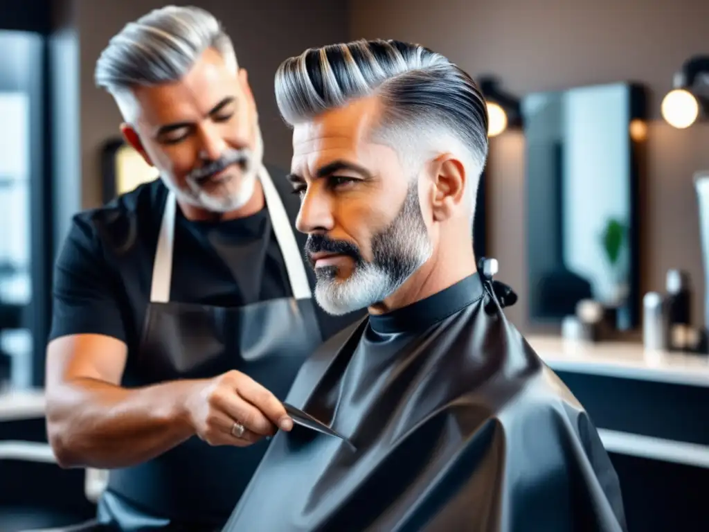 Hombre maduro recibiendo corte de pelo en una barbershop moderna