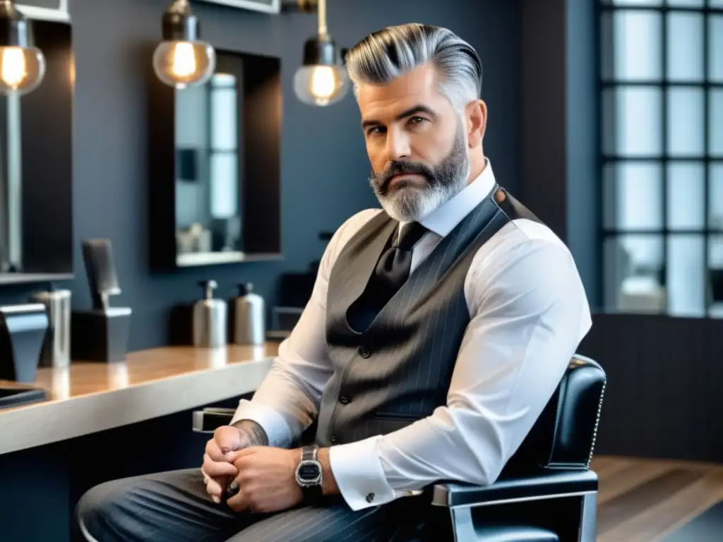 Hombre canoso en moderno barbershop, corte de pelo elegante y estilo - Cortes de pelo para hombres canosos