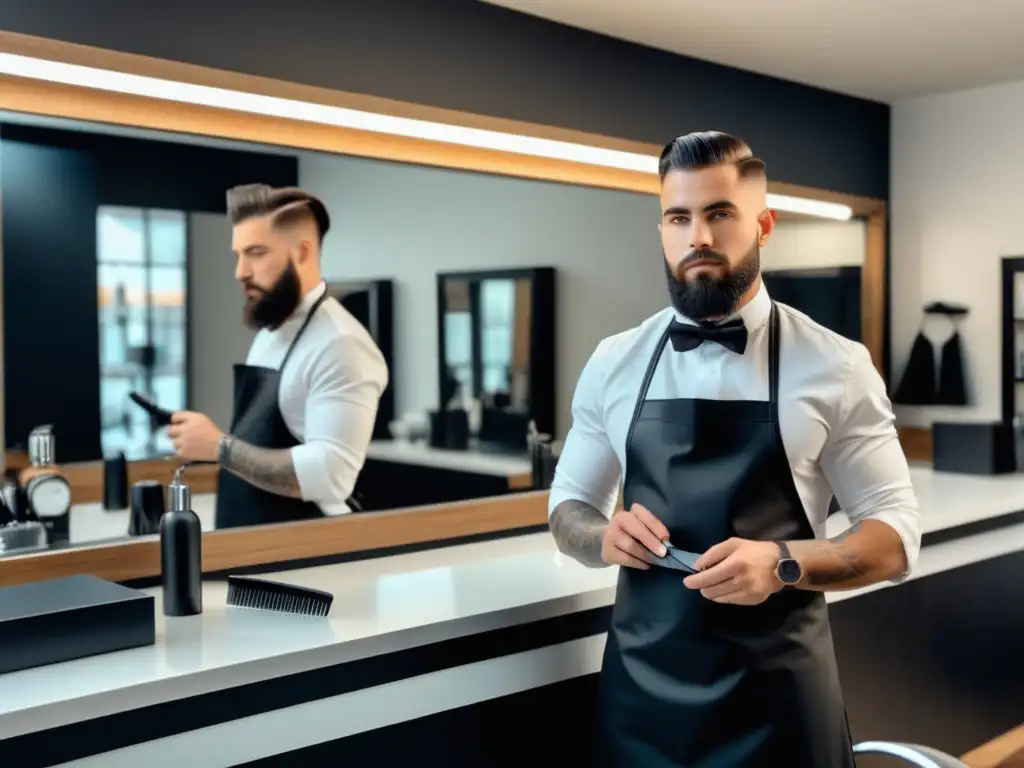 Barbero moderno en elegante salón con productos y espejos