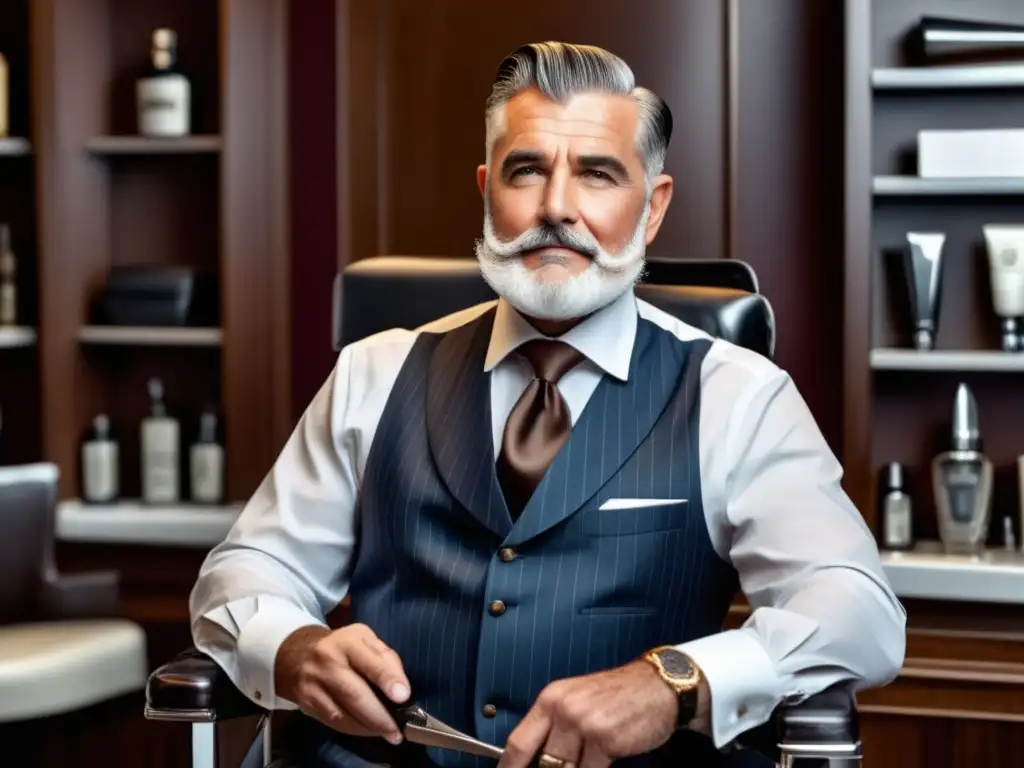 Hombre elegante en silla de barbería, afeitado profesional con productos de calidad