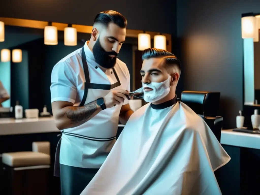 Barbero profesional afeitando con precisión en una barbería moderna - Consejos afeitado perfecto barberos