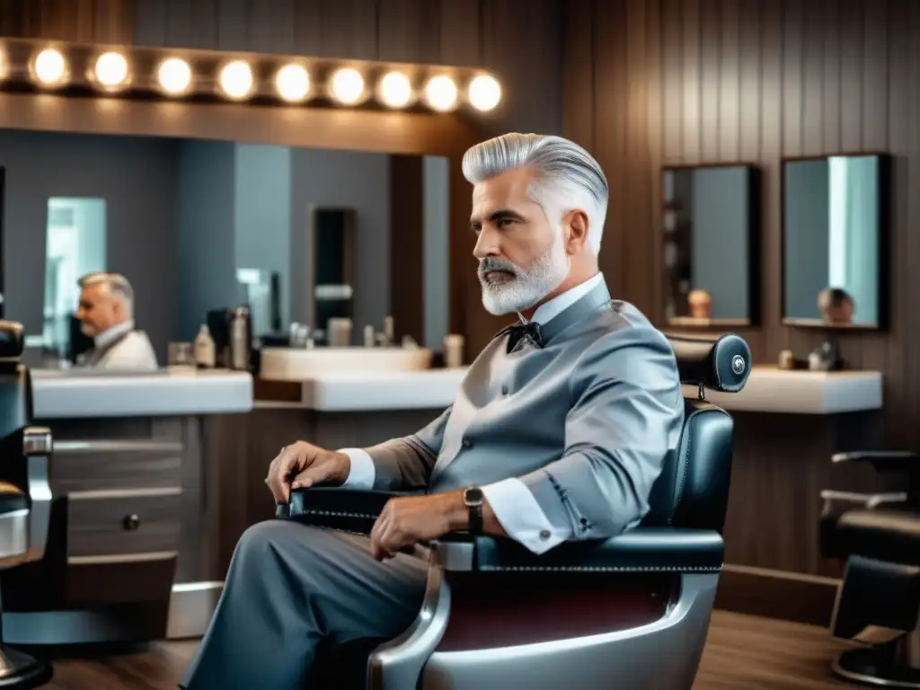 Un hombre maduro recibiendo un cuidado de cabello de lujo en una moderna barbería- Consejos cuidado cabello hombres mayores