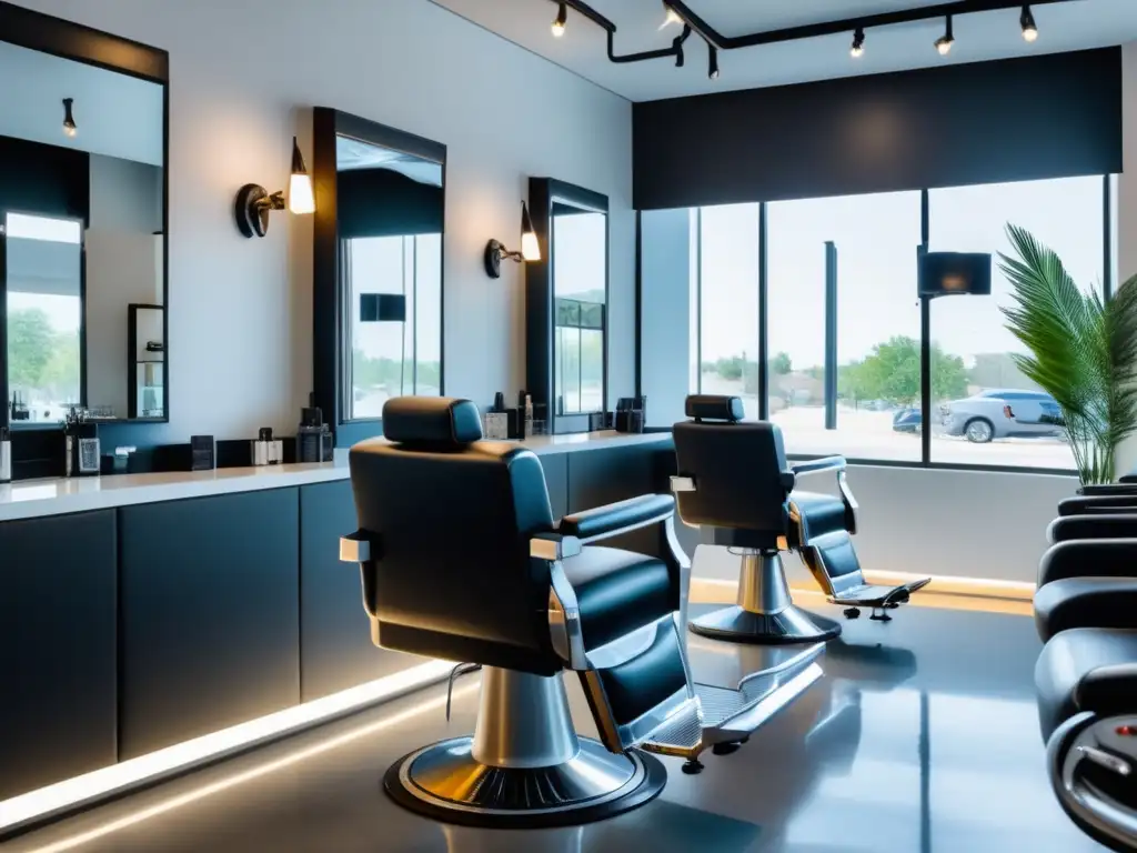 Tendencias en barbería masculina moderna: un salón de barbero moderno y elegante con líneas limpias y un diseño sofisticado