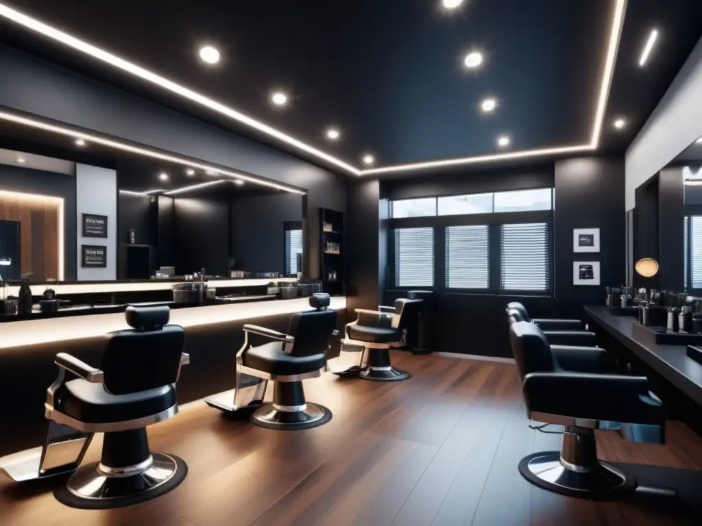 Tendencias en barbería después de la guerra: moderno y elegante salón de barberos con iluminación suave y detalles intrincados