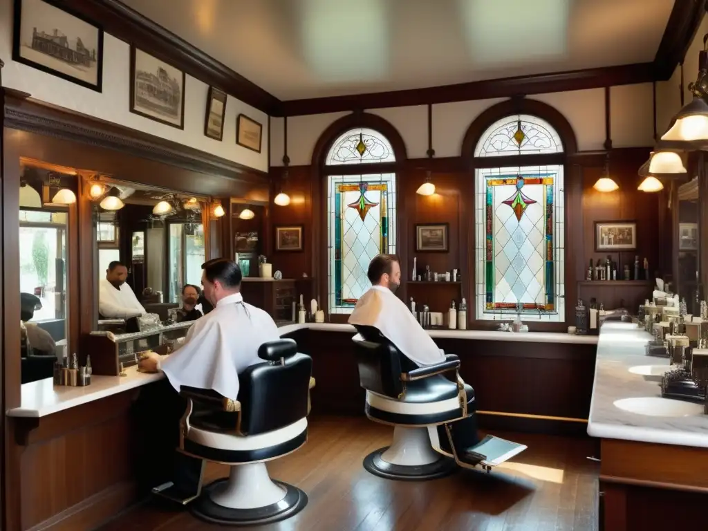 Barbería época victoriana: elegante y detallada, con barberos expertos y clientes disfrutando de los servicios tradicionales