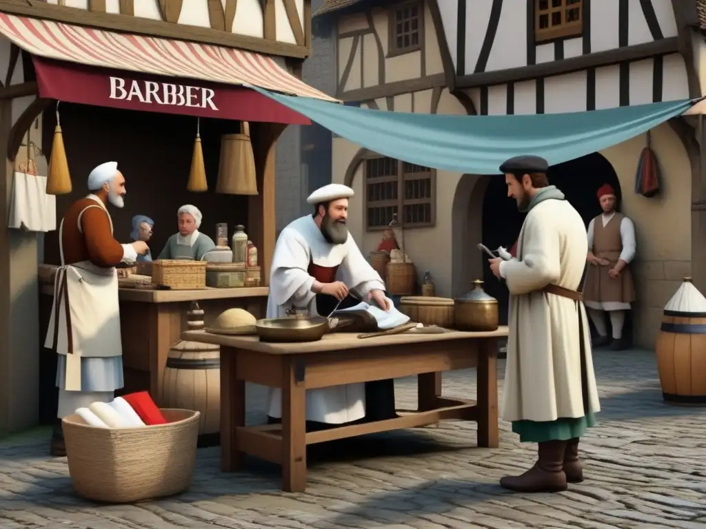 Rol médico de los barberos en la Edad Media: barbersurgeon en una concurrida plaza medieval