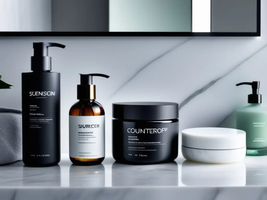 Rutina cuidado piel minimalista hombres, baño mármol blanco, productos skincare minimalistas, ventana luz natural, esencia sofisticada