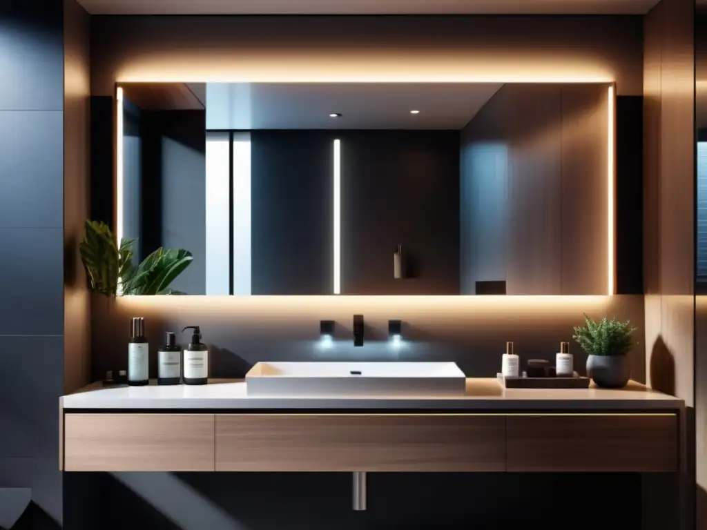 Baño moderno elegante con espejo LED, productos cuidado piel, afeitadora y ducha relajante