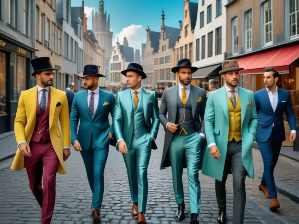 Tendencias moda masculina Europa: Calle belga con hombres elegantes en trajes de colores y patrones innovadores