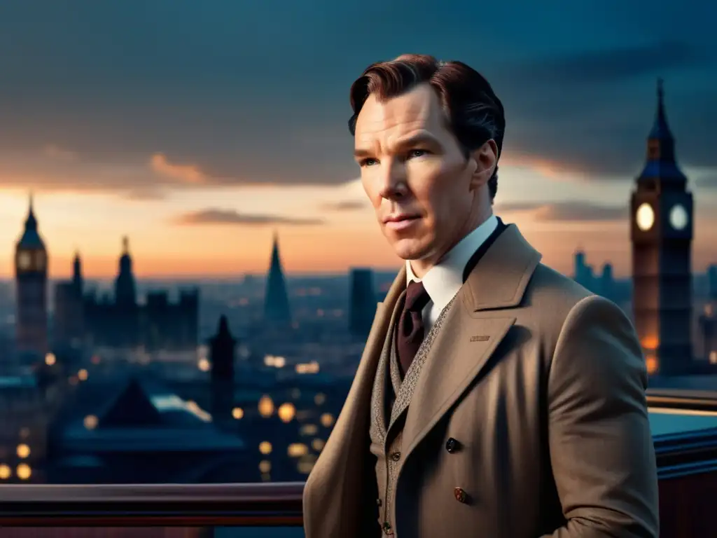 Influencia moda contemporánea Benedict Cumberbatch Sherlock Holmes en traje elegante, misterioso y sofisticado, con fondo urbano al atardecer