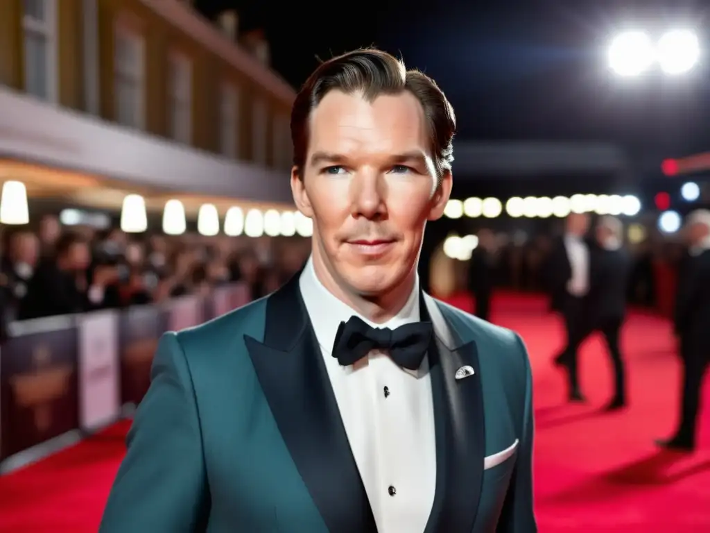 Influencia moda contemporánea Benedict Cumberbatch en traje elegante, posando en alfombra roja con fanáticos y cámaras