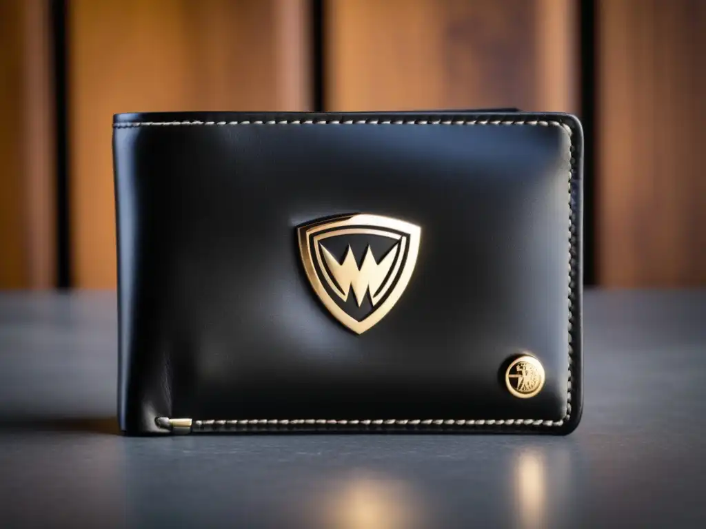 Cartera de cuero negra con logo metálico, estilo moderno y sofisticado