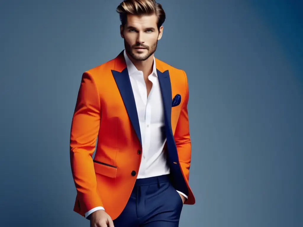 Modelo masculino en elegante blazer naranja resalta beneficios del color en moda masculina