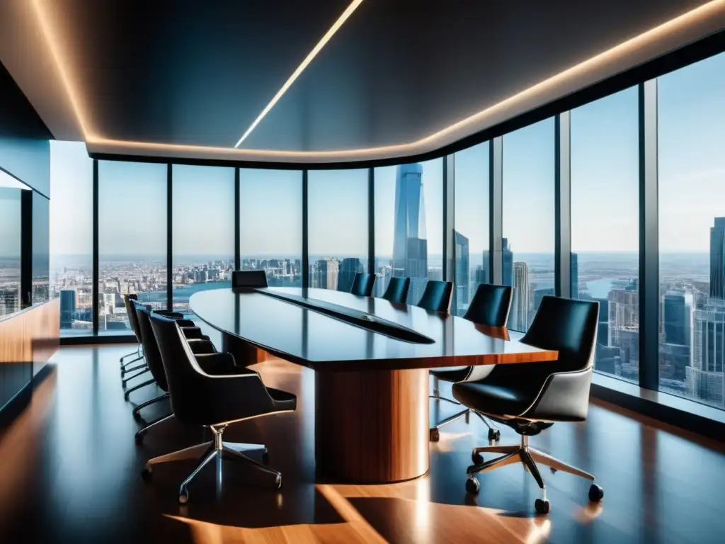 Boardroom moderno y elegante con mesa de conferencias de madera pulida rodeada de sillas de cuero