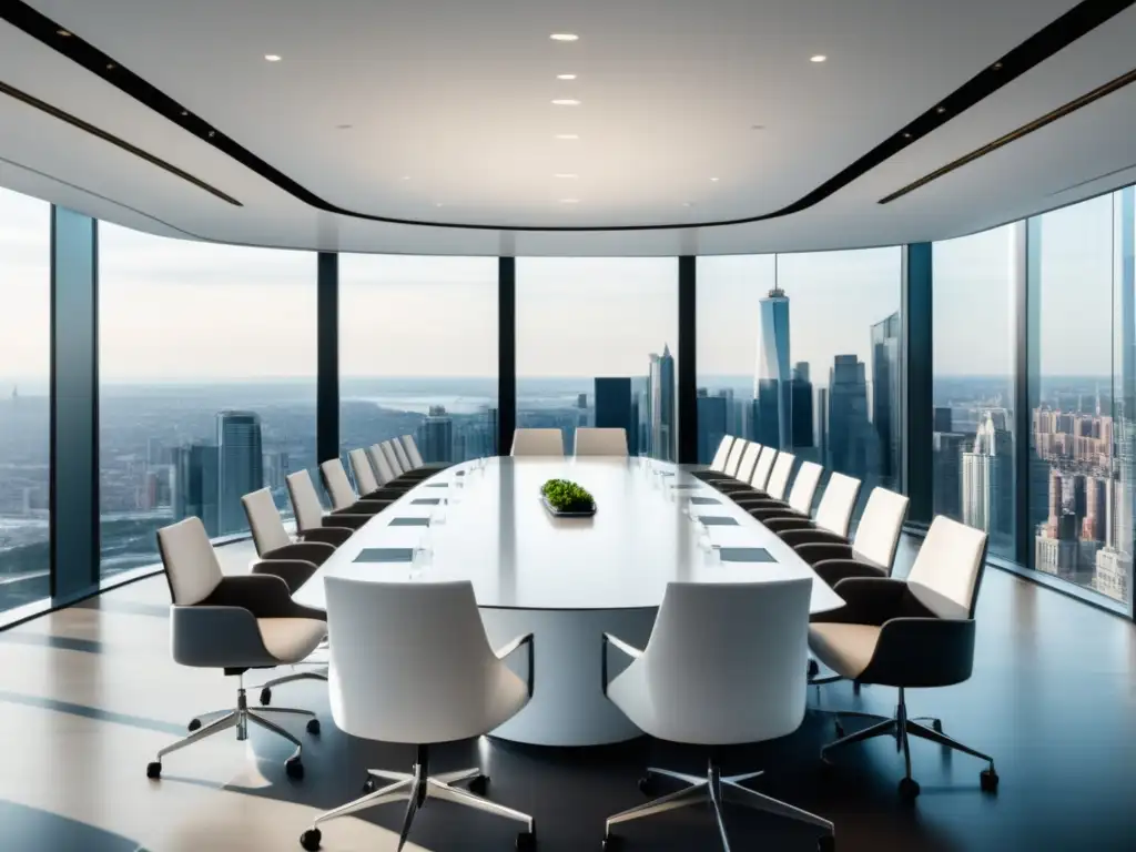 Sala de juntas moderna y elegante con vista a la ciudad y colores neutrales