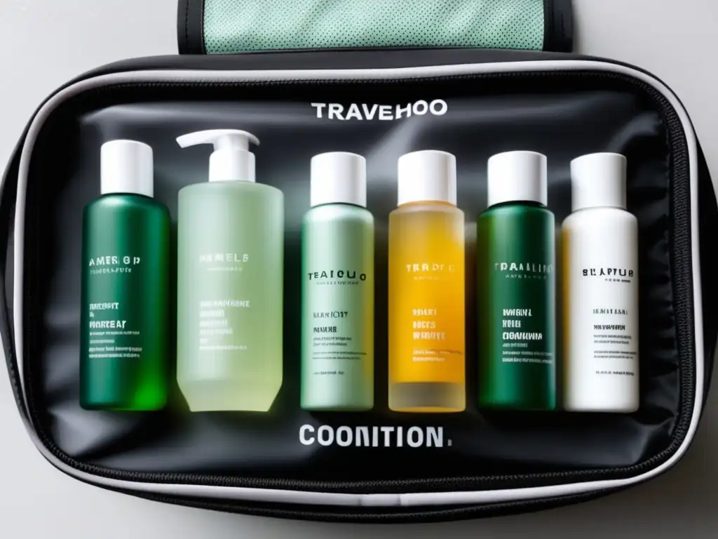 Consejos para empacar equipaje eficiente: Bolsa de viaje organizada con productos de tocador transparentes y etiquetados
