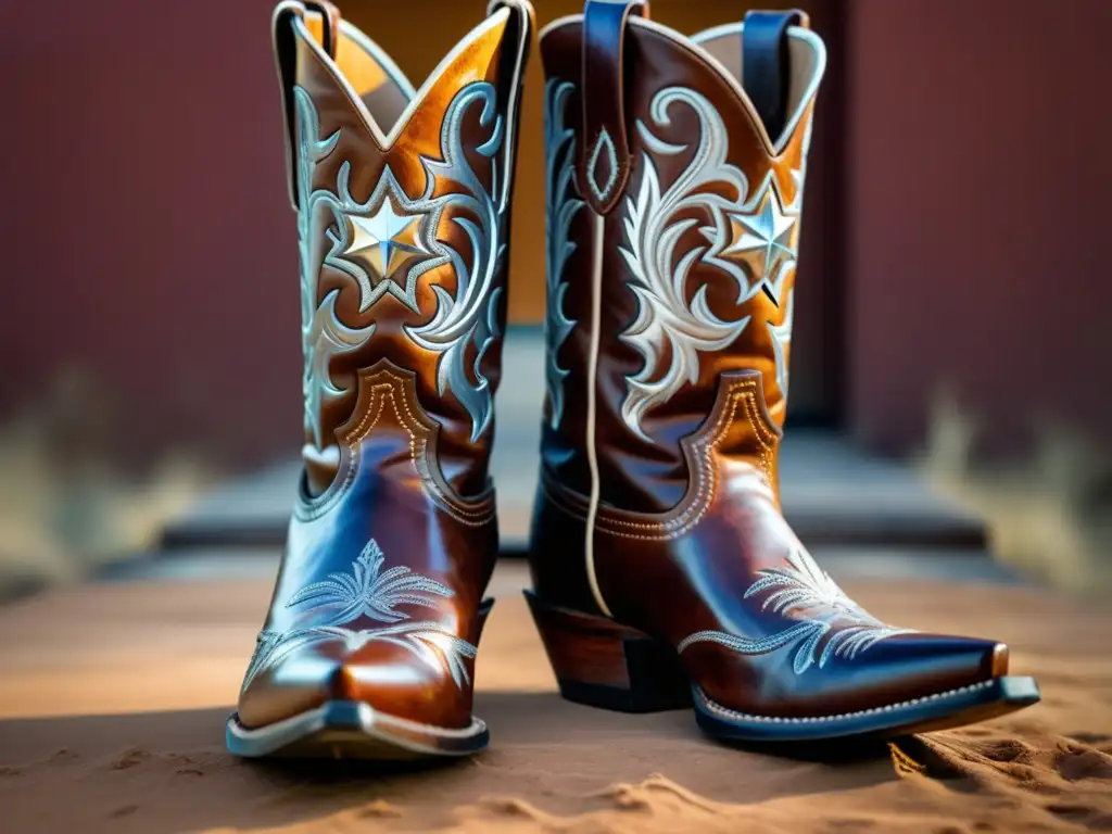 Moda de John Wayne en la Cultura Cowboy: Botas de cuero desgastadas con detalles y texturas, adornadas con espuelas de plata grabadas