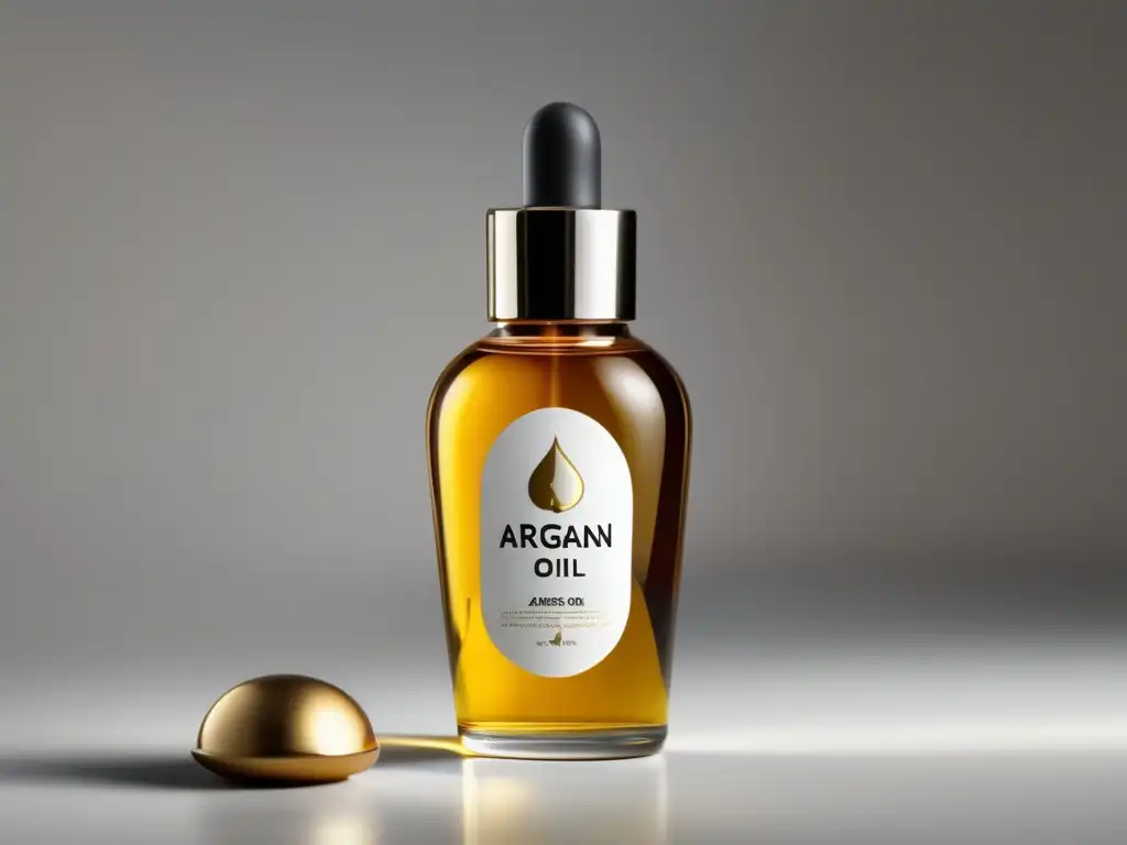 Aceite de argán para cabello masculino: botella moderna y elegante con líquido dorado de alta calidad