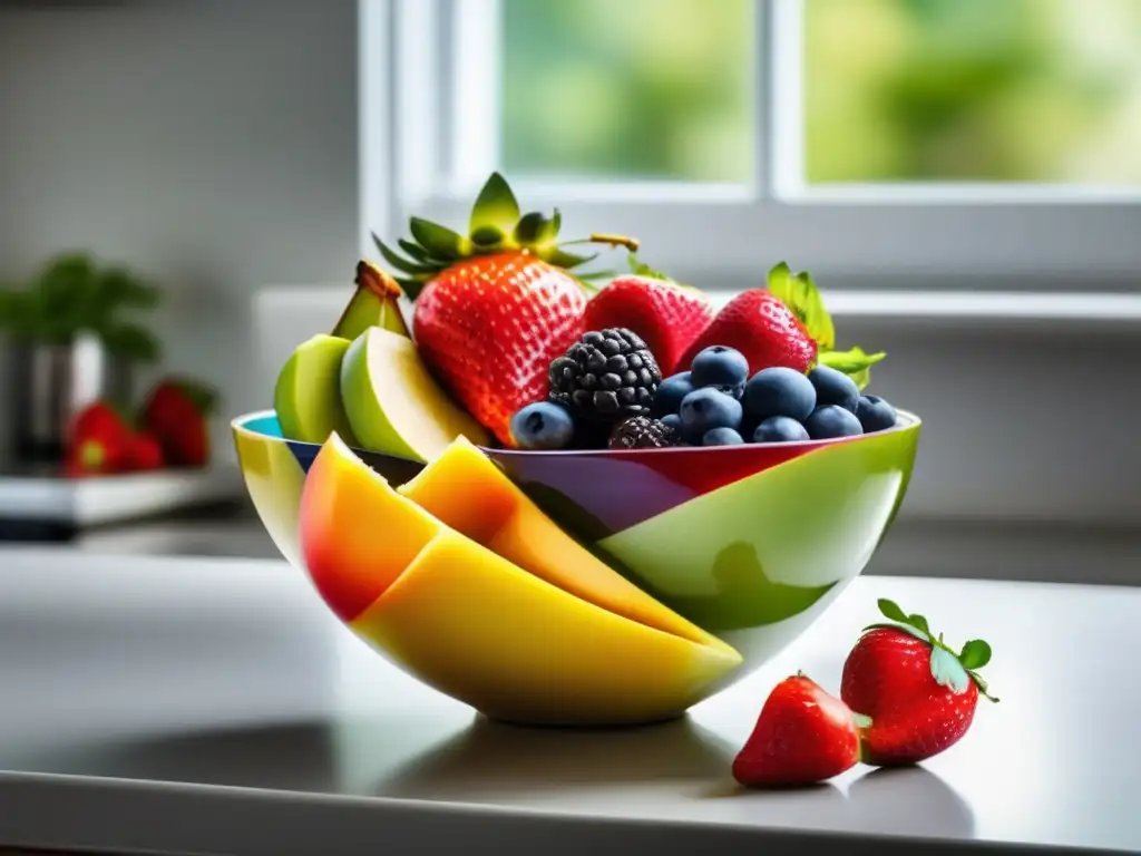 Frutas frescas y vibrantes en un tazón, iluminadas por la luz natural en una cocina moderna