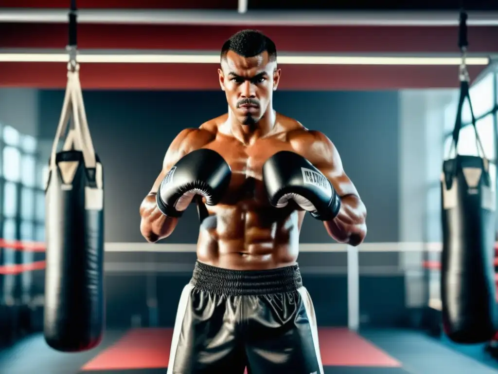 Boxeador masculino en un gimnasio moderno, listo para golpear