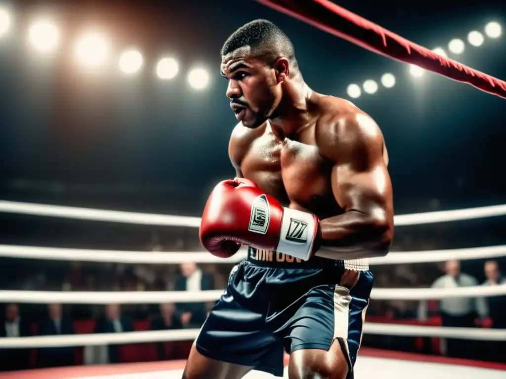 Boxeador masculino en el ring, enfocado y poderoso