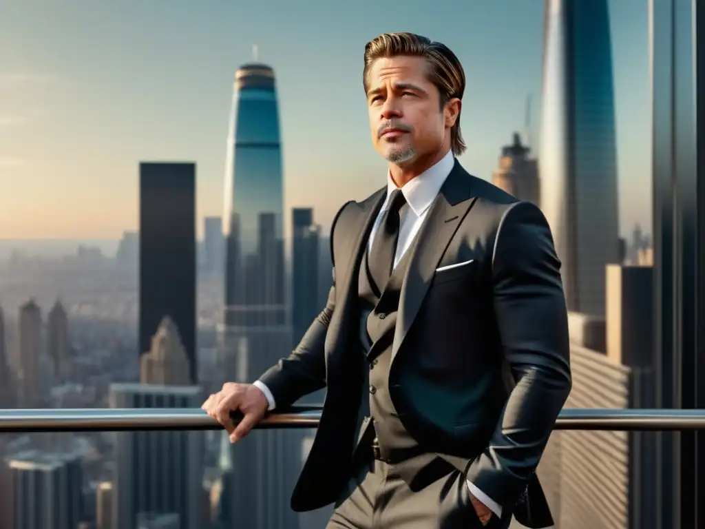 Tendencias moda masculina Brad Pitt en traje negro, elegante y seguro, en una ciudad con rascacielos reflejando el atardecer