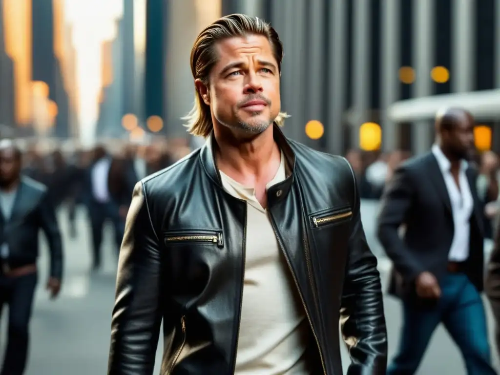 Brad Pitt en outfit moderno caminando en una ciudad con rascacielos y una multitud