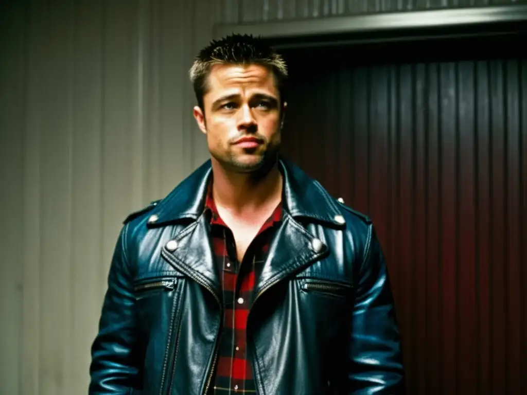 Estilo de Brad Pitt en Fight Club - Gaze intenso, mandíbula esculpida y ojos azules penetrantes en una habitación oscura