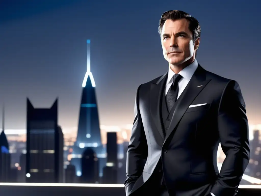 Bruce Wayne, actor moderno, viste traje negro Armani con elementos sutiles inspirados en Batman - Armani transformación estilo Batman