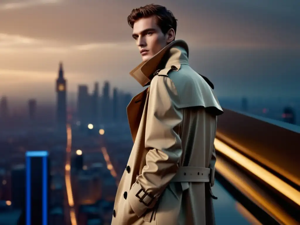 Imagen de moda masculina icónica de Burberry, con modelo elegante y ciudad futurista al atardecer