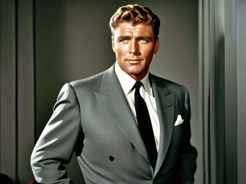 Estilo de Burt Lancaster en moda masculina: Imagen 8k detallada de Lancaster en los 50s, con traje gris oscuro a medida, camisa blanca y corbata negra